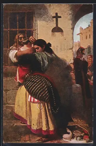 Künstler-AK Wien, Möbelgeschäft Möbel-Ecke, Burggasse 25, Frau mit Kindern bei dem Vater im Gefängnis