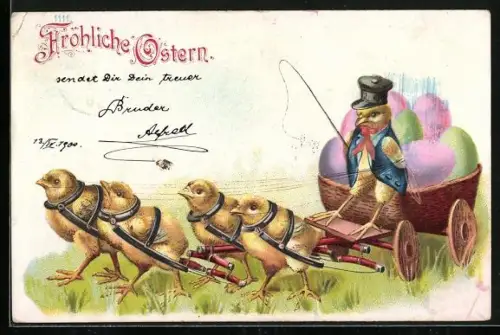 Lithographie Österküken ziehen eine Kutsche mit Osteriern, Fröhliche Ostern