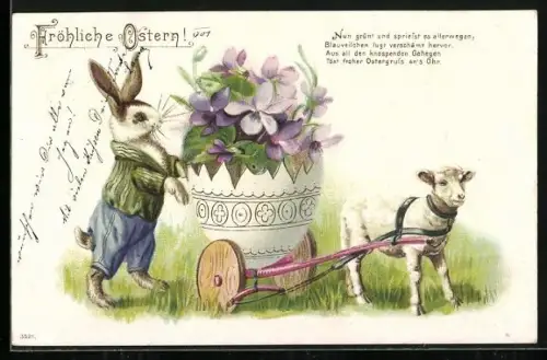 Lithographie Osterhase mit einem Osterlammgespann und Veilchen, Fröhliche Ostern