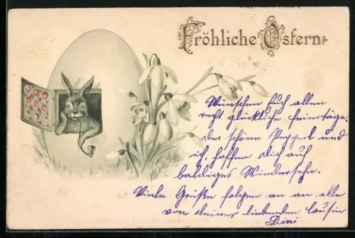 Lithographie Osterhase mit Pfeife guckt aus seinem Osterei-Haus, Fröhliche Ostern