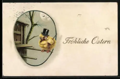 AK Osterküken mit Hut, Gehstock und Pfeife im Ei-Passepartout, Fröhliche Ostern