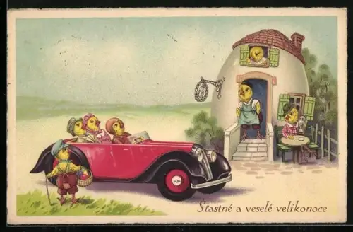 Künstler-AK Osterküken fahren in einem Auto vor einem Haus, Stastne a vesele velikonoce