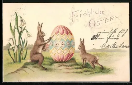 Lithographie Osterhase bemalt ein Osterei, Fröhliche Ostern