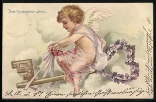 Lithographie Amor mit Schlüssel und Herzen, Der Herzensschlüssel