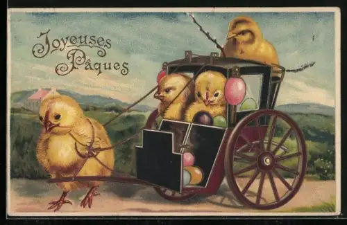 Künstler-AK Osterküken und Ostereier in einer Kutsche, Joyeuses Pâques