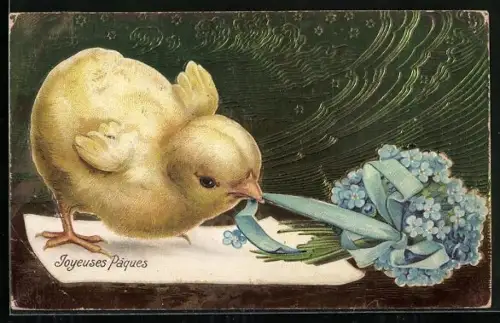 Präge-AK Osterküken zieht an dem Band einer Schleife, Joyeuses Pâques