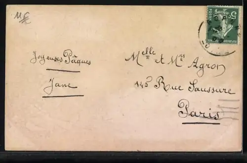 Präge-AK Osterküken zieht an dem Band einer Schleife, Joyeuses Pâques