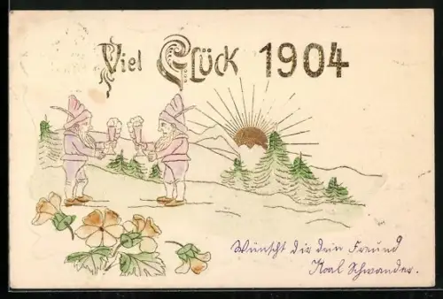 Präge-AK Zwei Zwerge stossen zum neuen Jahr an, Jahreszahl 1904