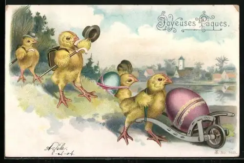 Künstler-AK Osterküken transportieren Ostereier, Joyeuses Pâques