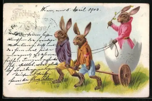 AK Osterhasen-Frau in einer Kutsche gezogen von zwei Osterhasen, Fröhliche Ostern