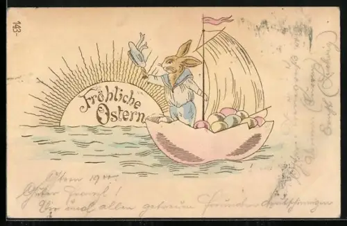 Lithographie Osterhase in einem Eierschalenboot mit Ostereiern, Fröhliche Ostern