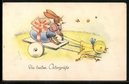 Künstler-AK Osterhase transportiert ein Osterei auf einem Kükenkarren, Die besten Ostergrüsse