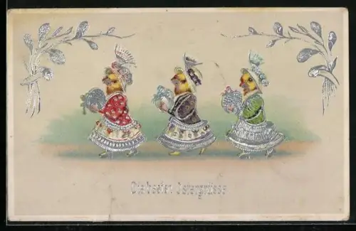 Künstler-AK Drei Osterküken in feinen Kleidern mit Ostereiern, Die besten Ostergrüsse