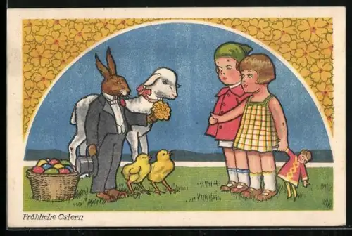 AK Osterhase reicht Kind einen Blumenstrauss, Fröhliche Ostern