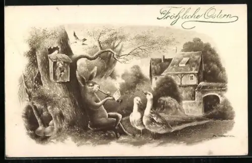 Künstler-AK Osterhase musiziert für zwei Gänse, Fröhliche Ostern