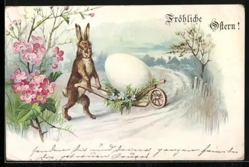 Lithographie Osterhase schiebt Riesenei auf einer Karre, Fröhliche Ostern