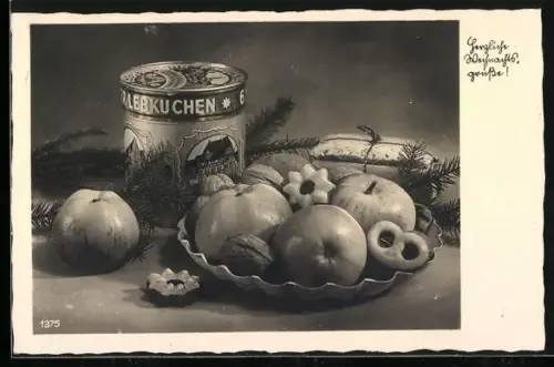 AK Lebkuchen mit Äpfeln und Tannenzweigen, Herzliche Weihnachtsgrüsse