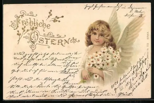 Lithographie Osterengel mit Margeriten, Fröhliche Ostern