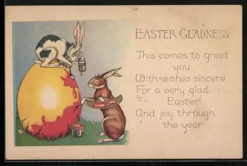 AK Zwei Osterhase bemalen ein Osterei, Easter Gladness