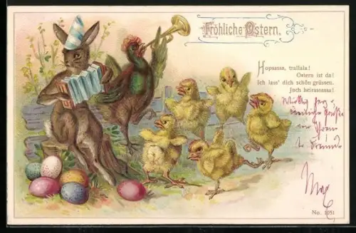 AK Osterhase feiert und musiziert mit Osterküken, Fröhliche Ostern