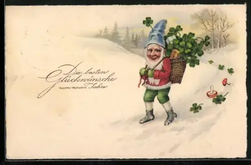Künstler-AK Zwerg mit Korb voller Kleeblätter im Schnee, Neujahr