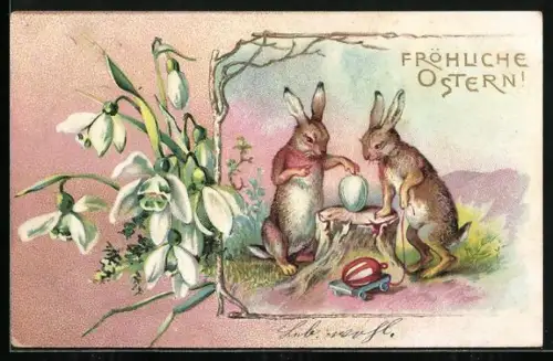 Lithographie Osterhasen spielen mit Ostereiern, Fröhliche Ostern
