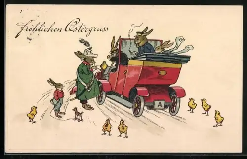 AK Osterhasen in einem Auto, Osterhasenpolizei schreibt Strafmandat, Herzlichen Ostergruss