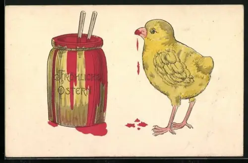 Lithographie Osterküken hat Farbe am Schnabel, Fröhliche Ostern