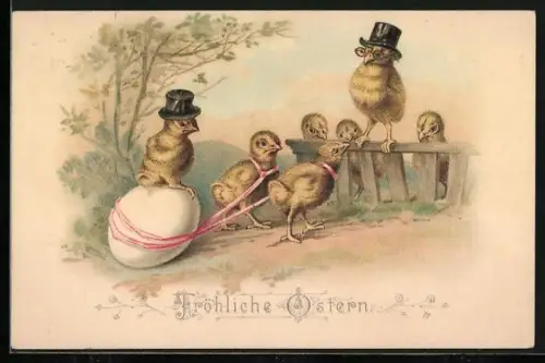 Künstler-AK Osterküken ziehen ein Osterei, Osterküken mit Hüten, Fröhliche Ostern