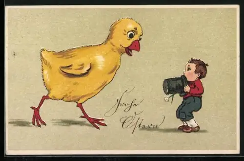 Künstler-AK Junge hat Angst vor einem riesigen Osterküken, Frohe Ostern