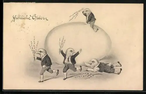 AK Osterküken mit Weidenkätzchen bei einem grossen Osterei, Fröhliche Ostern