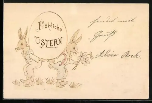 Lithographie Zwei Osterhasen tragen ein Osterei, Fröhliche Ostern
