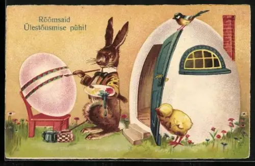 AK Osterhase bemalt ein Osterei vor seinem Haus, Roomsaid Ülestousmise puhi