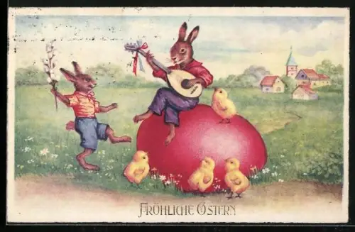 AK Osterhasen mit Osterküken bei einem Osterei, Fröhliche Ostern