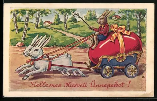 AK Osterhase auf einer Kutsche mit Hasengespann