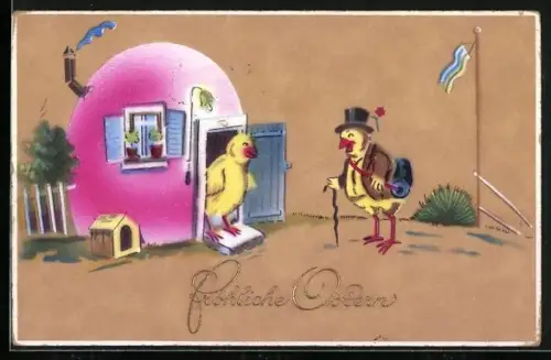 Künstler-AK Osterküken unterhalten sich vor einem Haus, Fröhliche Ostern