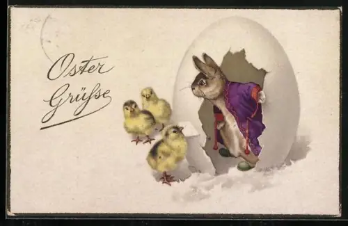 AK Osterküken bringen einem Osterhasen einen Brief, Oster Grüsse