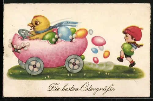 AK Osterküken fährt in einem Osterei-Auto, Die besten Ostergrüsse