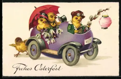 Künstler-AK Osterküken fahren in einem Auto mit Laterne, Frohes Osterfest