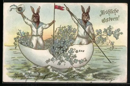 Lithographie Osterhasen rudern im Ei über das Wasser, Fröhliche Ostern