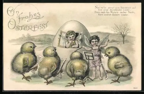 Foto-AK Elfen dirigieren Osterküken, Ein frohes Osterfest