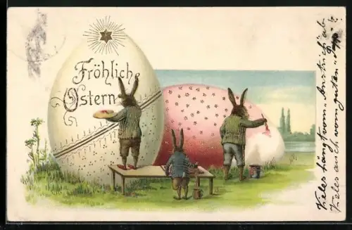Lithographie Zwei Osterhasen bemalen gigantische Ostereier, Fröhliche Ostern