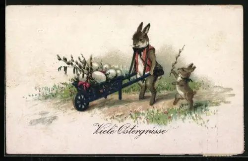 AK Osterhase mit Karren voller Ostereier, Viele Ostergrüsse