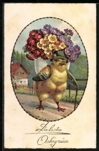 Künstler-AK Osterküken trägt einen Korb voller Blumen auf dem Rücken, Die besten Ostergrüsse