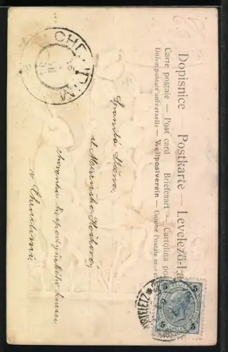 Präge-AK Zwei musizierende Osterhase mit Klee, Vesele velikonoce