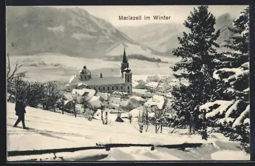 AK Mariazell, Teilansicht mit Kirche im Winter