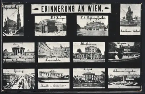 AK Wien, Franzensplatz mit Denkmal, Opernring mit Strassenbahn, Hofburgtheater, Parlament