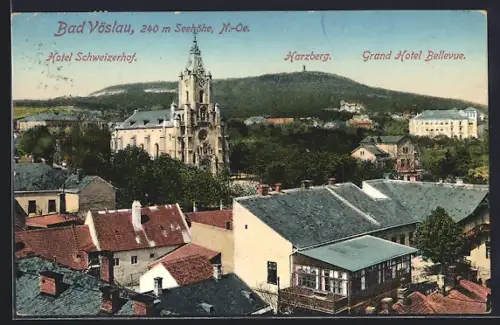 AK Vöslau, Panorama mit Hotel Schweizerhof, Harzberg & Grand Hotel Bellevue