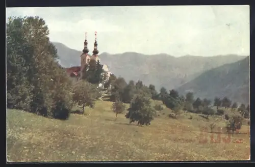 AK Maria Rain, Kirche mit Umgebung u, Bergpanorama