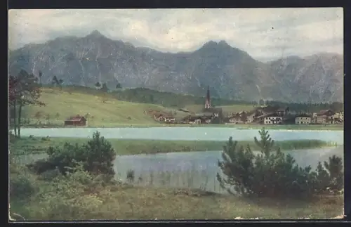 AK Seefeld, Teilansicht mit Uferpartie und Bergpanorama